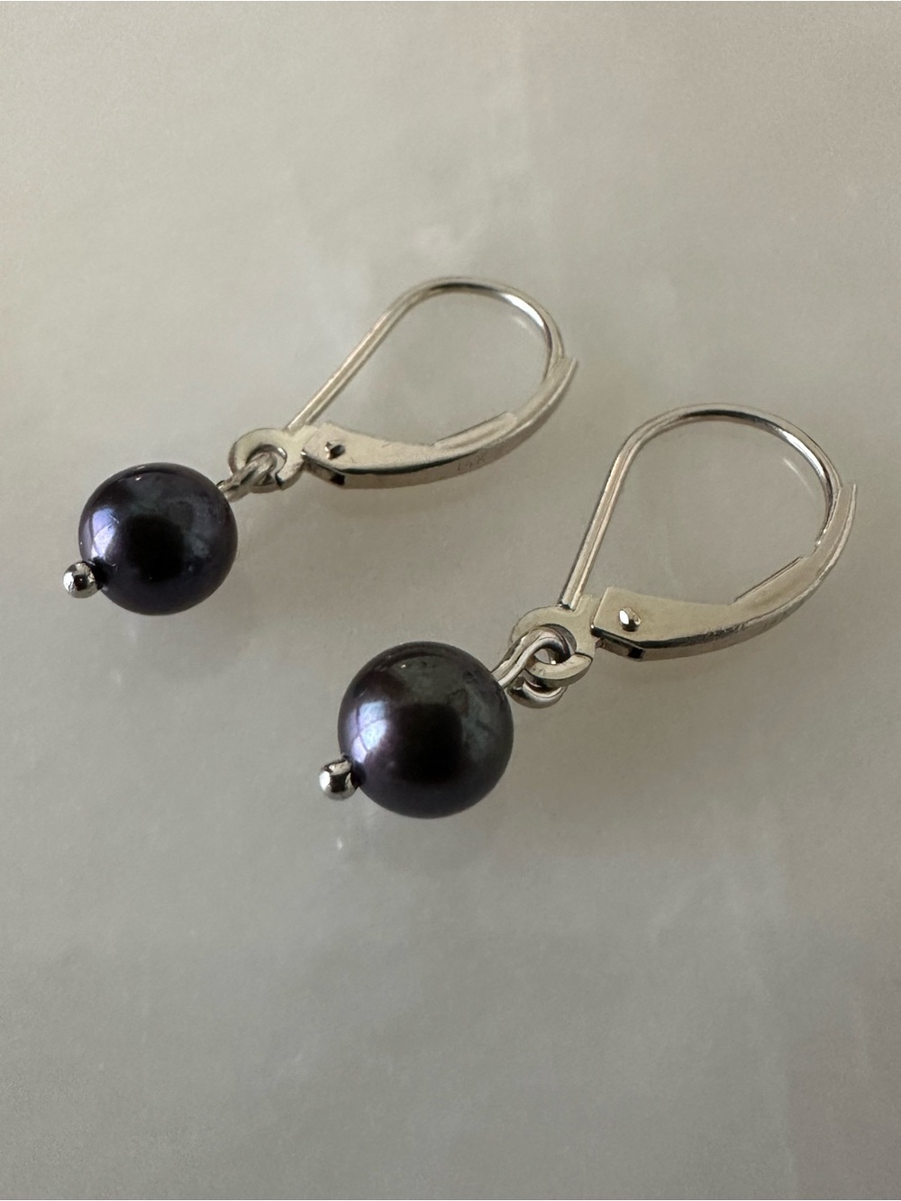 14k White Gold Lever Back Black Pearl Earrings